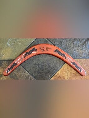 Hand-Painted Boomerang with Kangaroo Motif in Terracotta and Black